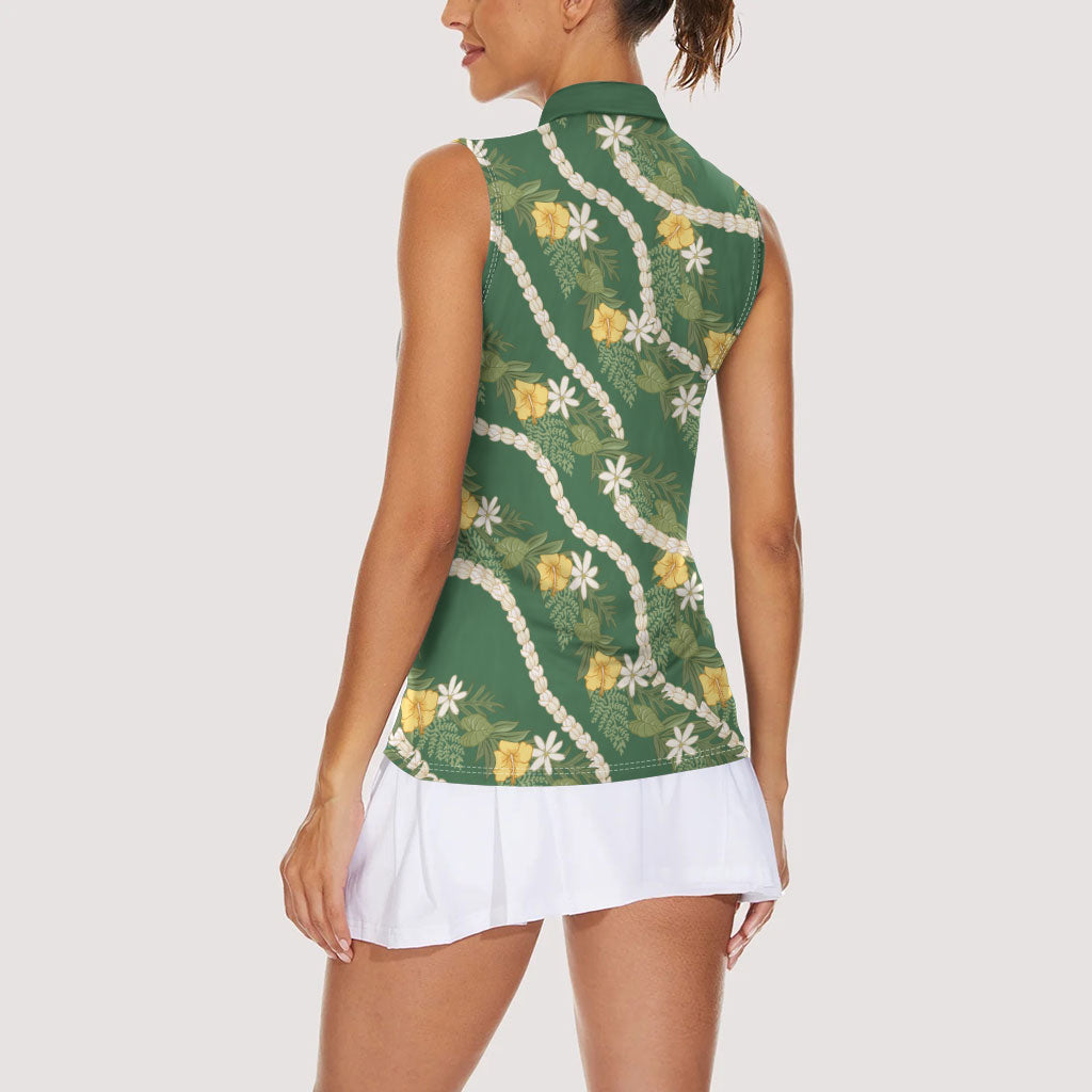 Hawaiian Pikake Maile Lei Women Sleeveless Polo Shirt Tiare Hibiscus Kalo Palapalai Leaf Green LT19 - Polynesian Pride