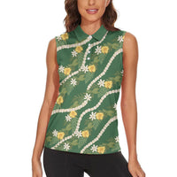 Hawaiian Pikake Maile Lei Women Sleeveless Polo Shirt Tiare Hibiscus Kalo Palapalai Leaf Green LT19 - Polynesian Pride
