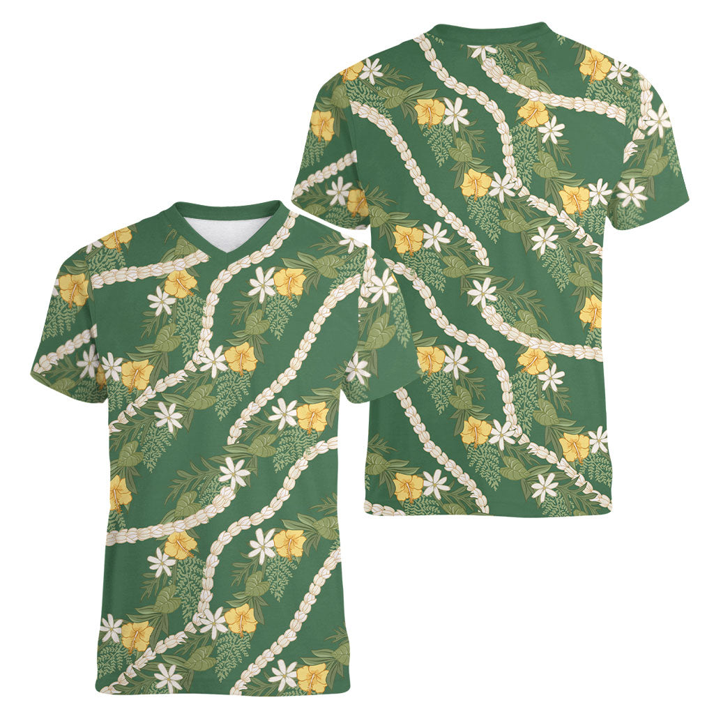 Hawaiian Pikake Maile Lei Women V-Neck T-Shirt Tiare Hibiscus Kalo Palapalai Leaf Green LT19 - Polynesian Pride