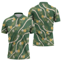 Hawaiian Pikake Maile Lei Zipper Polo Shirt Tiare Hibiscus Kalo Palapalai Leaf Green LT19 - Polynesian Pride