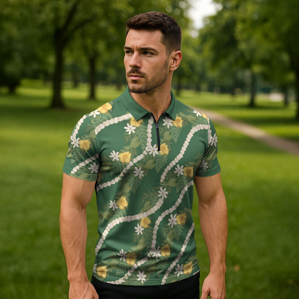 Hawaiian Pikake Maile Lei Zipper Polo Shirt Tiare Hibiscus Kalo Palapalai Leaf Green LT19 - Polynesian Pride