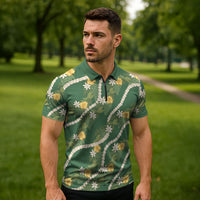 Hawaiian Pikake Maile Lei Zipper Polo Shirt Tiare Hibiscus Kalo Palapalai Leaf Green LT19 - Polynesian Pride