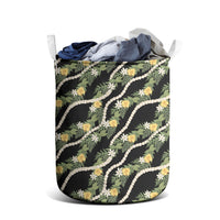 Hawaiian Pikake Maile Lei Laundry Basket Tiare Hibiscus Kalo Palapalai Leaf Black
