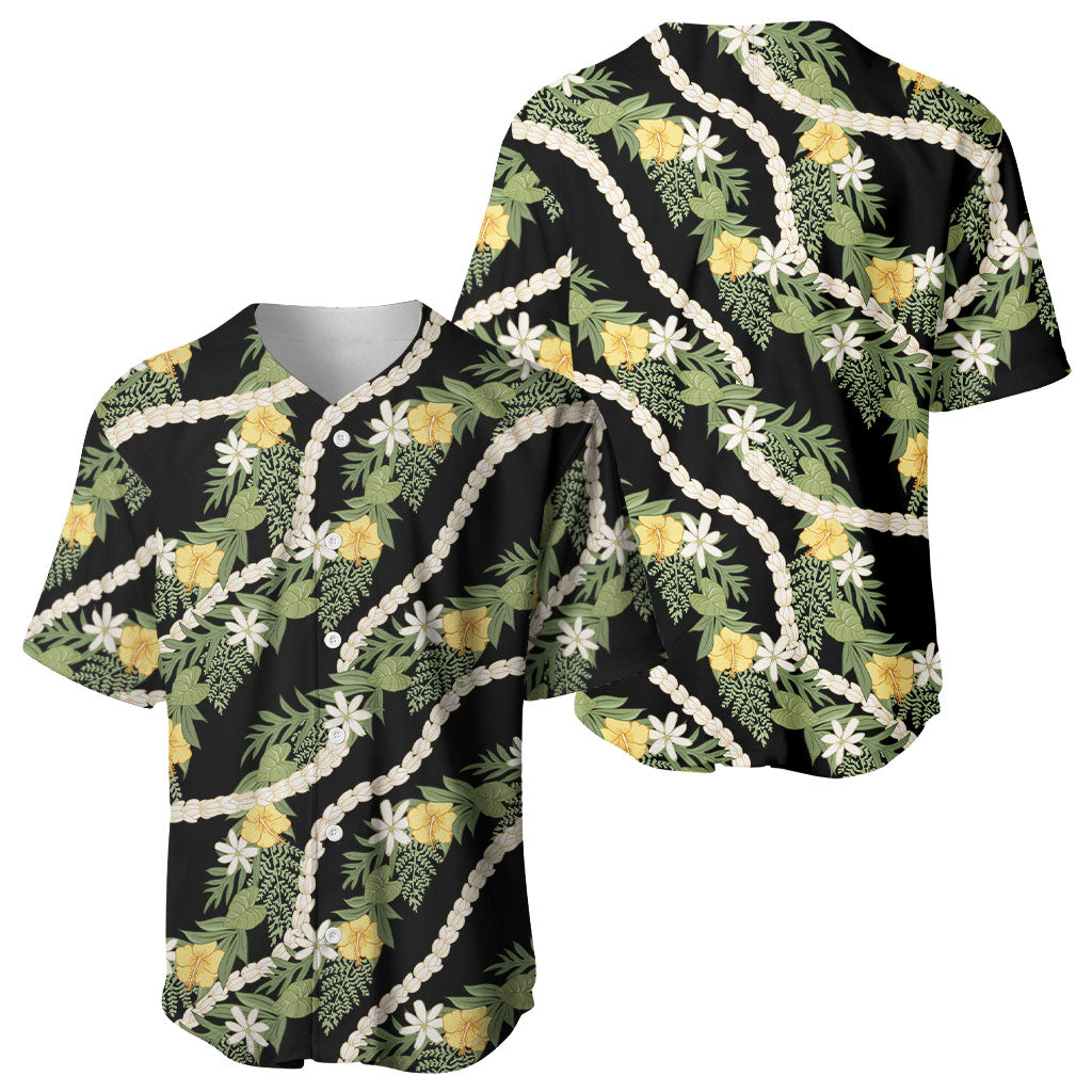 Hawaiian Pikake Maile Lei Baseball Jersey Tiare Hibiscus Kalo Palapalai Leaf Black