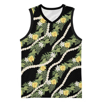 Hawaiian Pikake Maile Lei Basketball Jersey Tiare Hibiscus Kalo Palapalai Leaf Black LT19 Unisex Black - Polynesian Pride