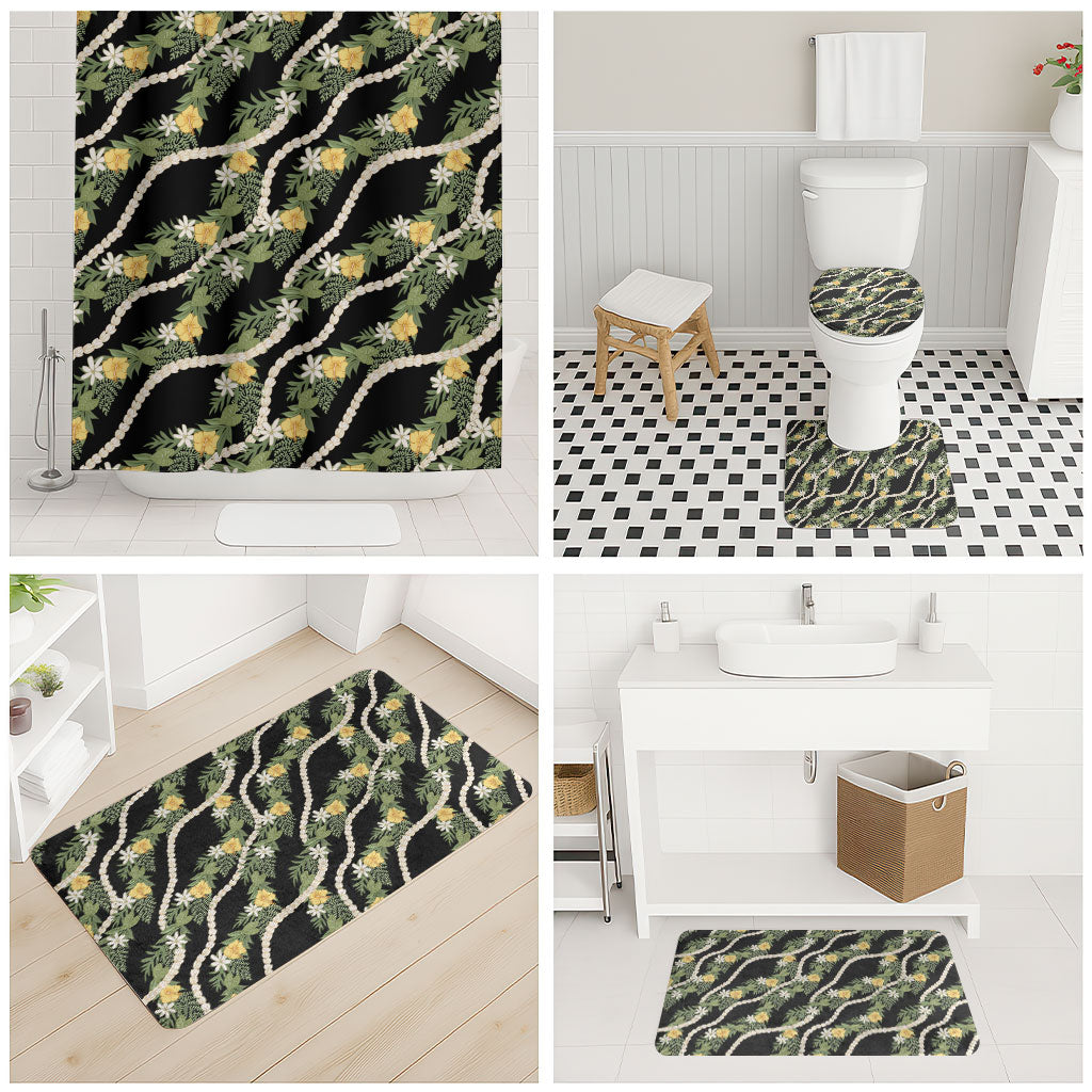 Hawaiian Pikake Maile Lei Bathroom Set Tiare Hibiscus Kalo Palapalai Leaf Black