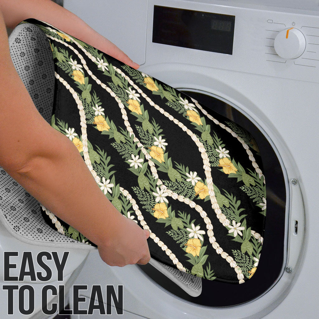 Hawaiian Pikake Maile Lei Bathroom Set Tiare Hibiscus Kalo Palapalai Leaf Black