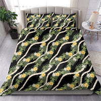 Hawaiian Pikake Maile Lei Bedding Set Tiare Hibiscus Kalo Palapalai Leaf Black