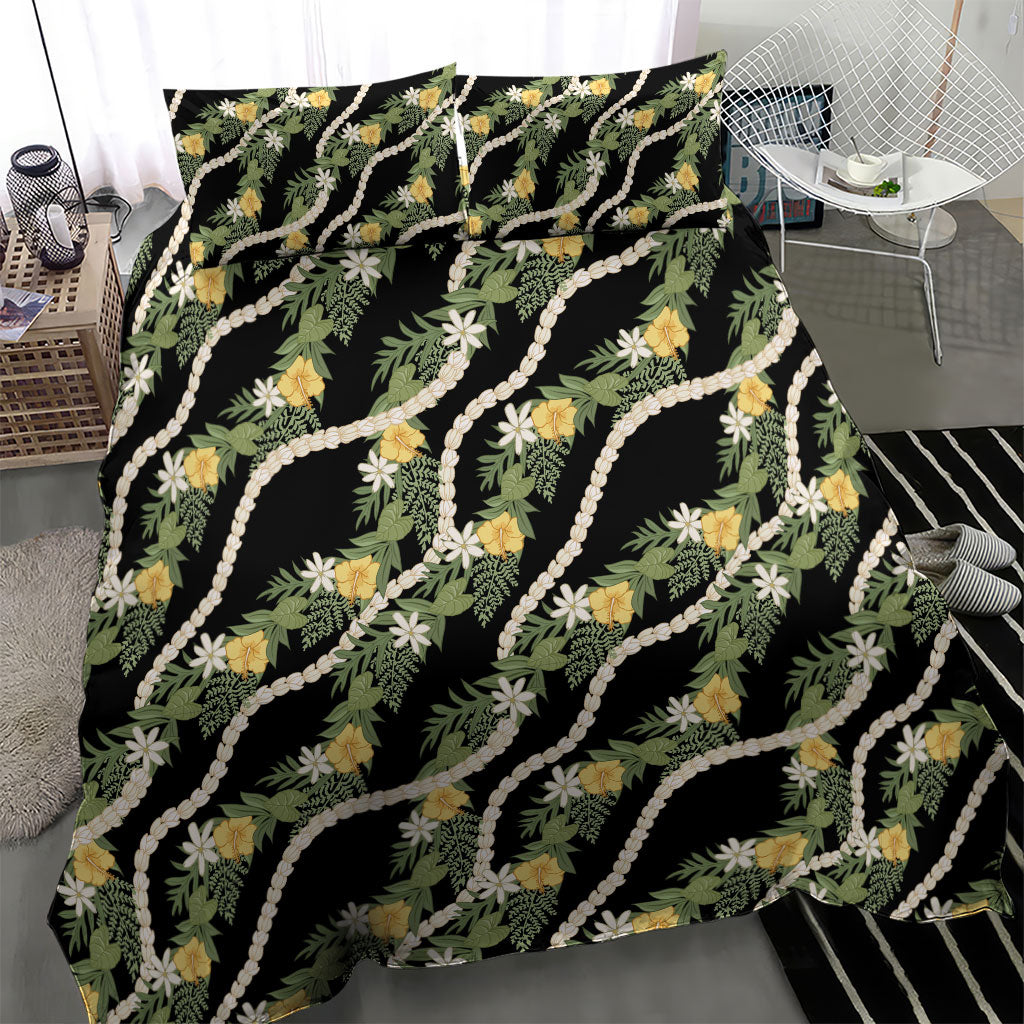 Hawaiian Pikake Maile Lei Bedding Set Tiare Hibiscus Kalo Palapalai Leaf Black