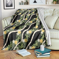 Hawaiian Pikake Maile Lei Blanket Tiare Hibiscus Kalo Palapalai Leaf Black