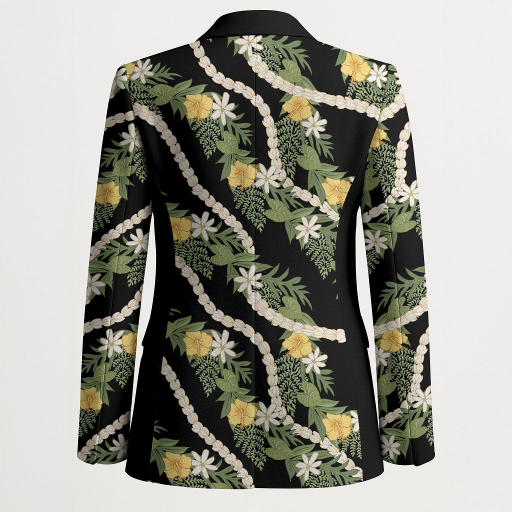 Hawaiian Pikake Maile Lei Blazer Tiare Hibiscus Kalo Palapalai Leaf Black