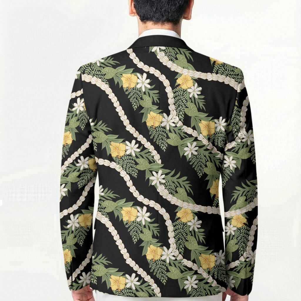 Hawaiian Pikake Maile Lei Blazer Tiare Hibiscus Kalo Palapalai Leaf Black