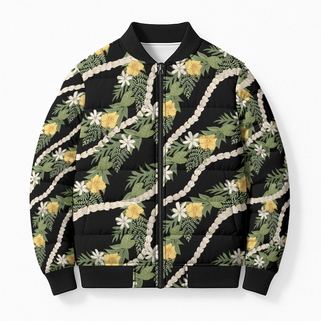 Hawaiian Pikake Maile Lei Bomber Puffer Jacket Tiare Hibiscus Kalo Palapalai Leaf Black