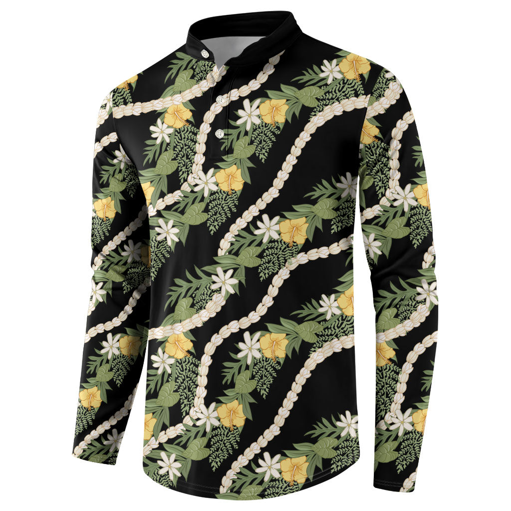 Hawaiian Pikake Maile Lei Button Sweatshirt Tiare Hibiscus Kalo Palapalai Leaf Black LT19 - Polynesian Pride