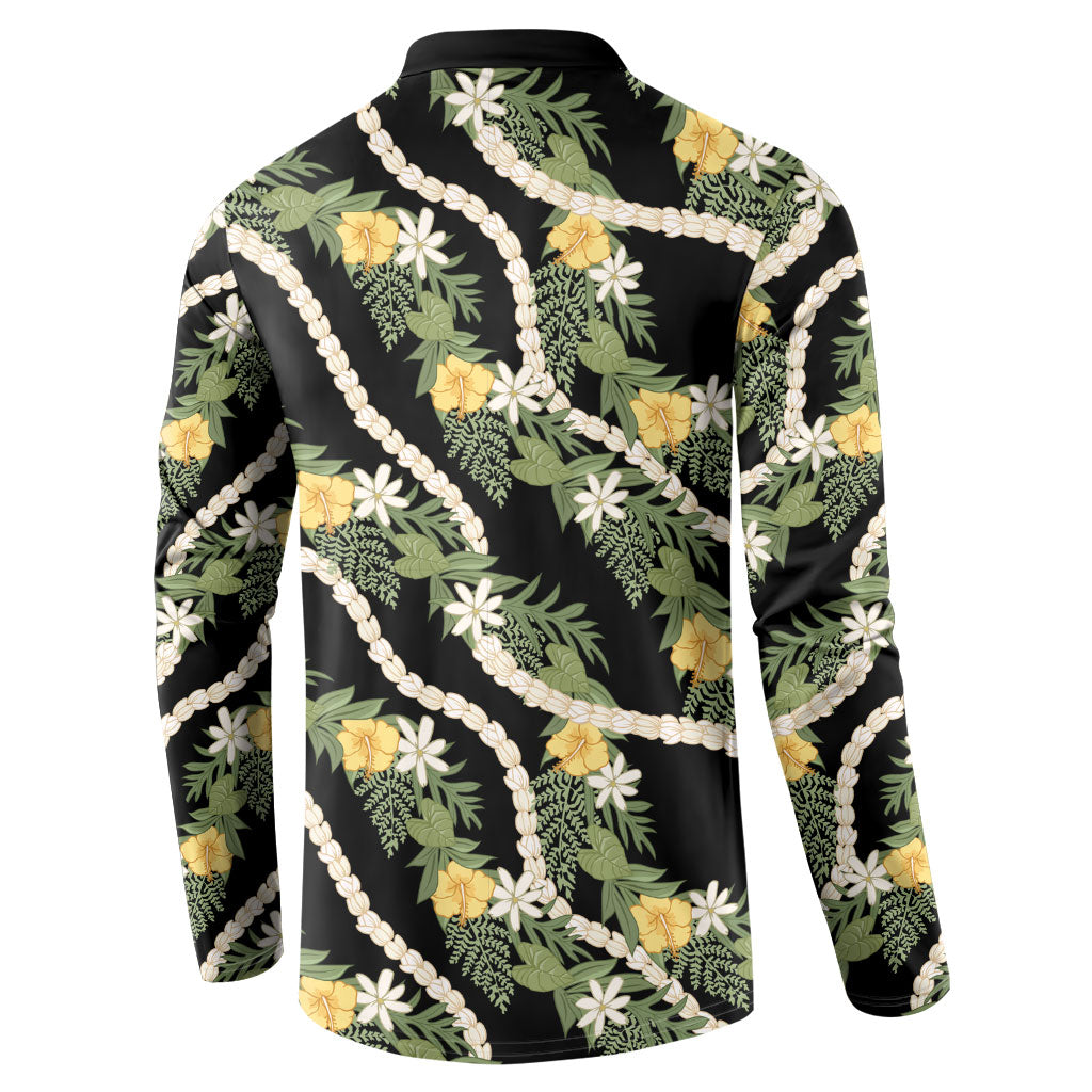 Hawaiian Pikake Maile Lei Button Sweatshirt Tiare Hibiscus Kalo Palapalai Leaf Black LT19 - Polynesian Pride