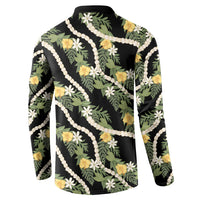 Hawaiian Pikake Maile Lei Button Sweatshirt Tiare Hibiscus Kalo Palapalai Leaf Black LT19 - Polynesian Pride