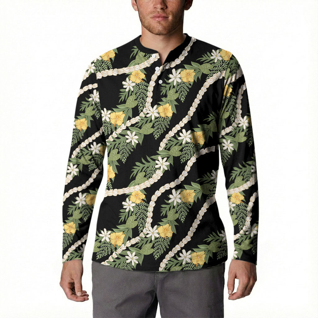 Hawaiian Pikake Maile Lei Button Sweatshirt Tiare Hibiscus Kalo Palapalai Leaf Black LT19 - Polynesian Pride