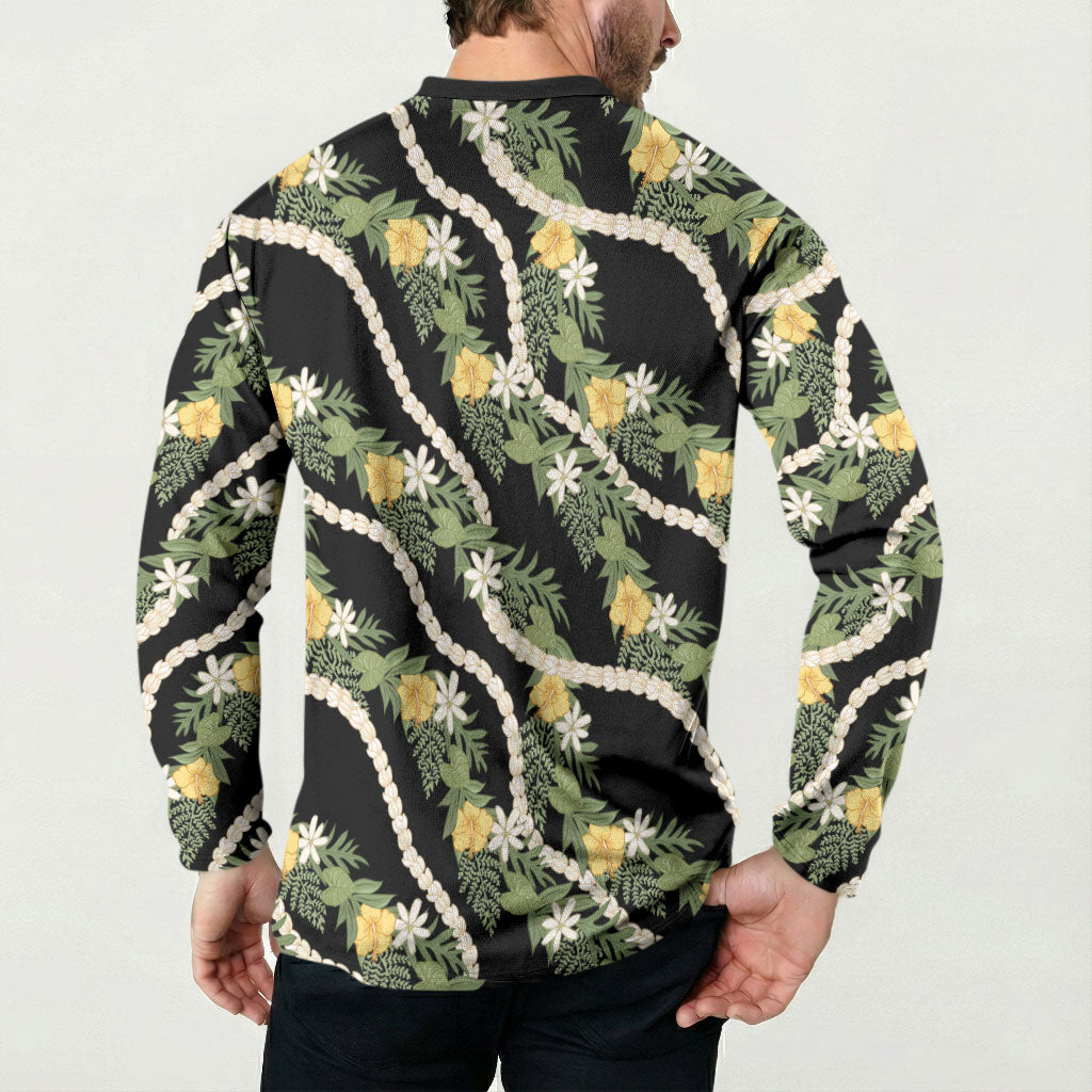 Hawaiian Pikake Maile Lei Button Sweatshirt Tiare Hibiscus Kalo Palapalai Leaf Black LT19 - Polynesian Pride