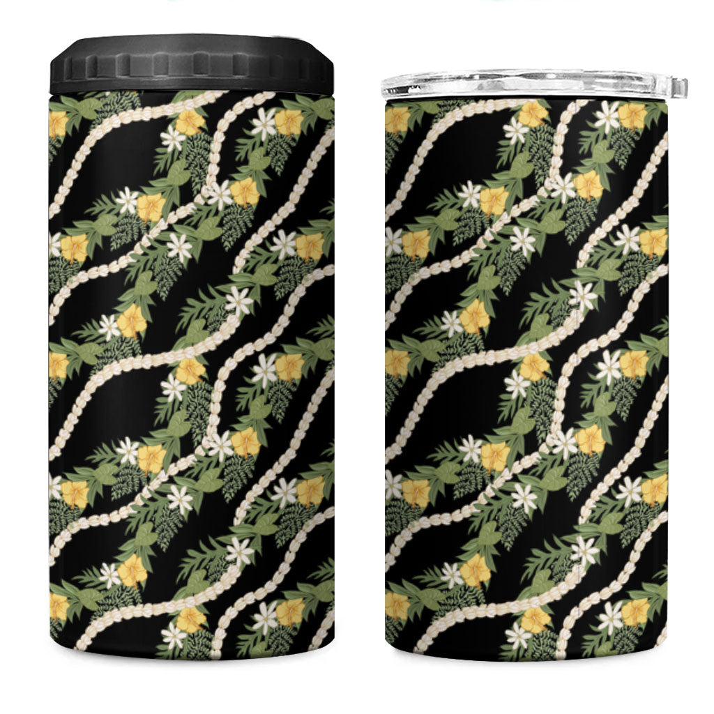 Hawaiian Pikake Maile Lei 4 in 1 Can Cooler Tumbler Tiare Hibiscus Kalo Palapalai Leaf Black