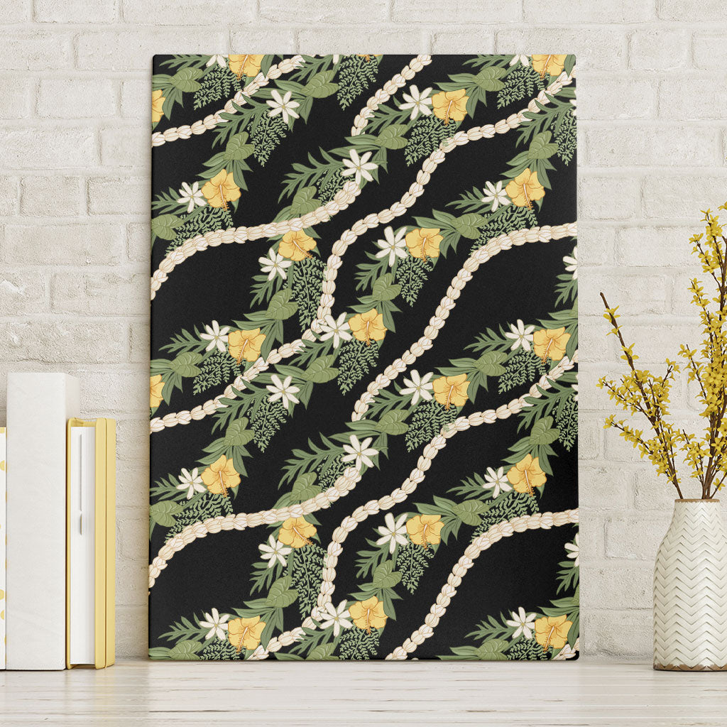 Hawaiian Pikake Maile Lei Canvas Wall Art Tiare Hibiscus Kalo Palapalai Leaf Black
