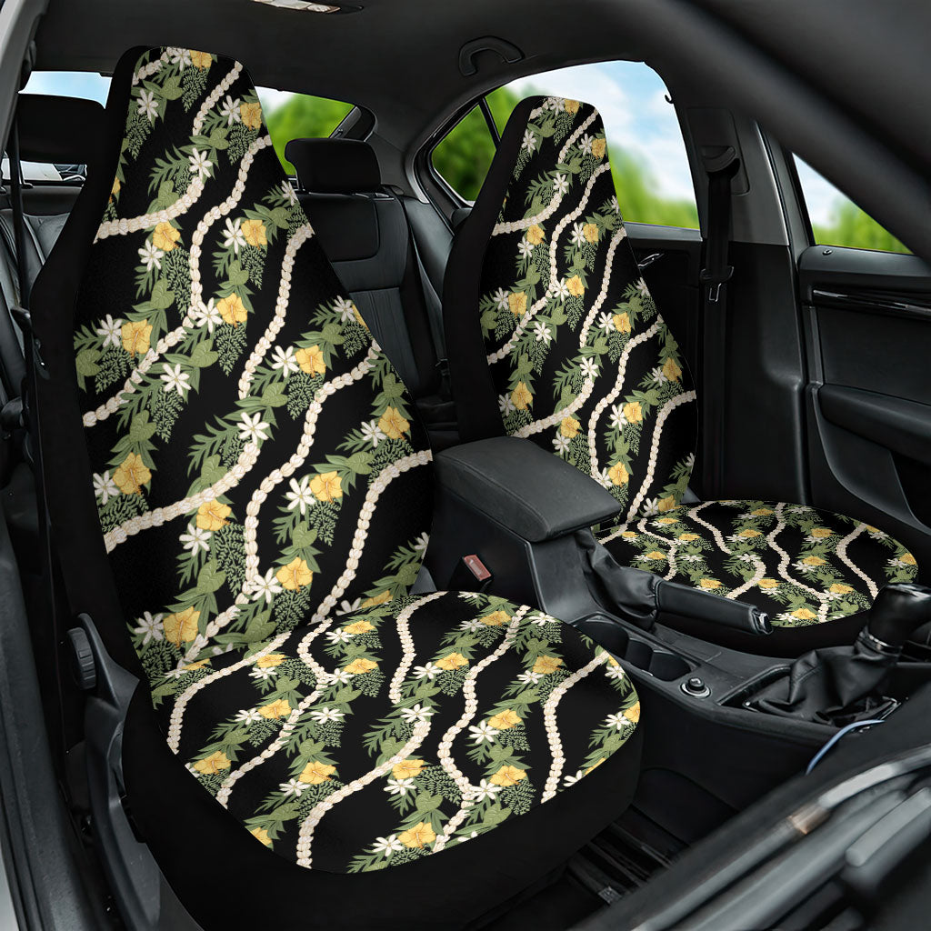 Hawaiian Pikake Maile Lei Car Seat Cover Tiare Hibiscus Kalo Palapalai Leaf Black LT19 One Size Black - Polynesian Pride
