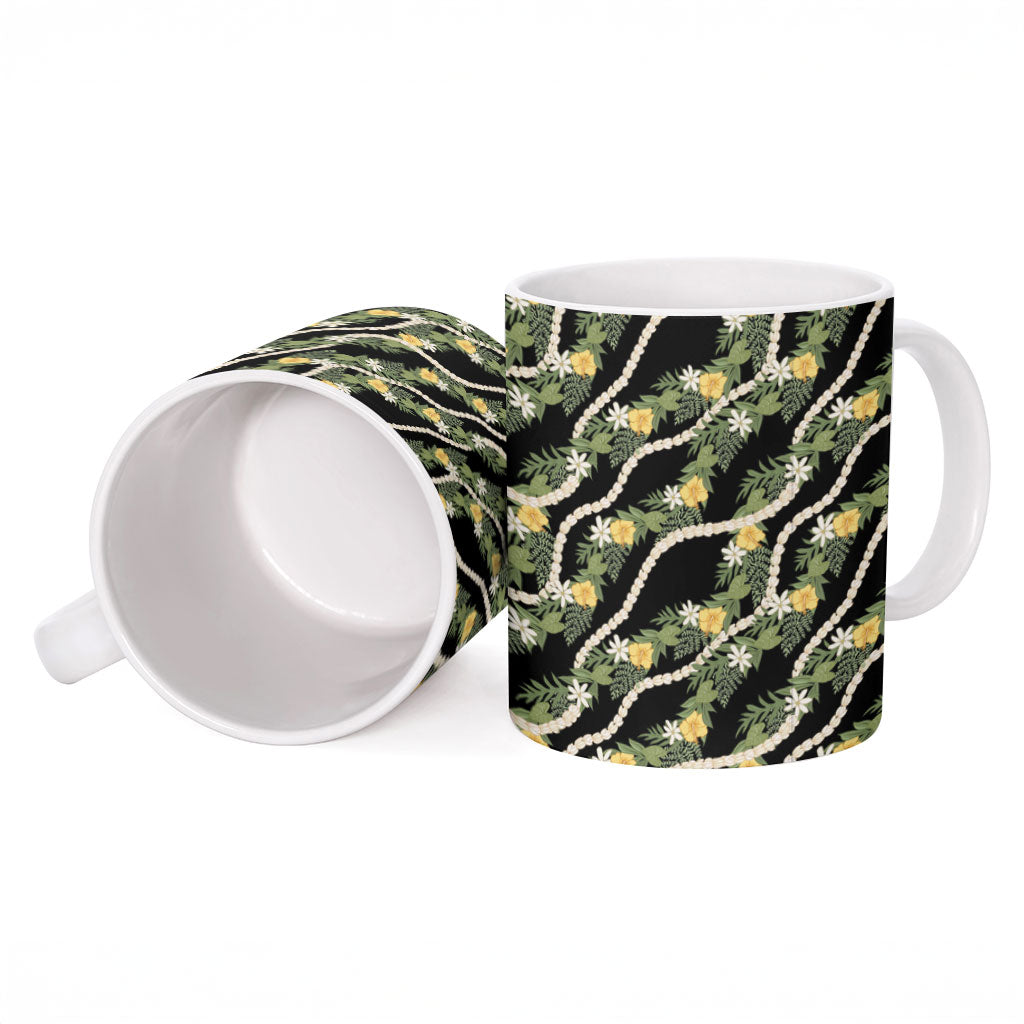 Hawaiian Pikake Maile Lei Ceramic Mug Tiare Hibiscus Kalo Palapalai Leaf Black