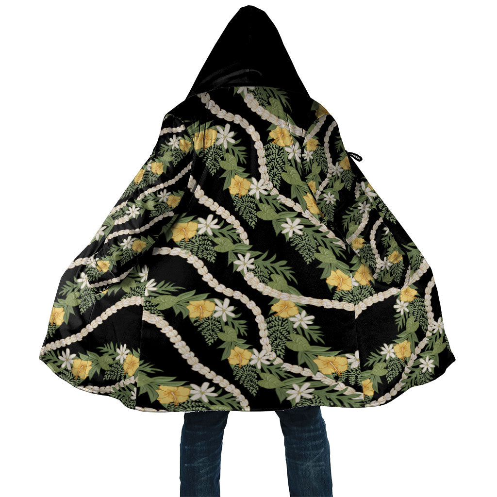 Hawaiian Pikake Maile Lei Cloak Tiare Hibiscus Kalo Palapalai Leaf Black