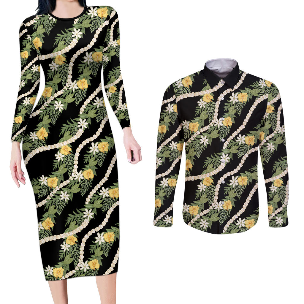 Hawaiian Pikake Maile Lei Couples Matching Long Sleeve Bodycon Dress and Long Sleeve Button Shirt Tiare Hibiscus Kalo Palapalai Leaf Black LT19 Black - Polynesian Pride