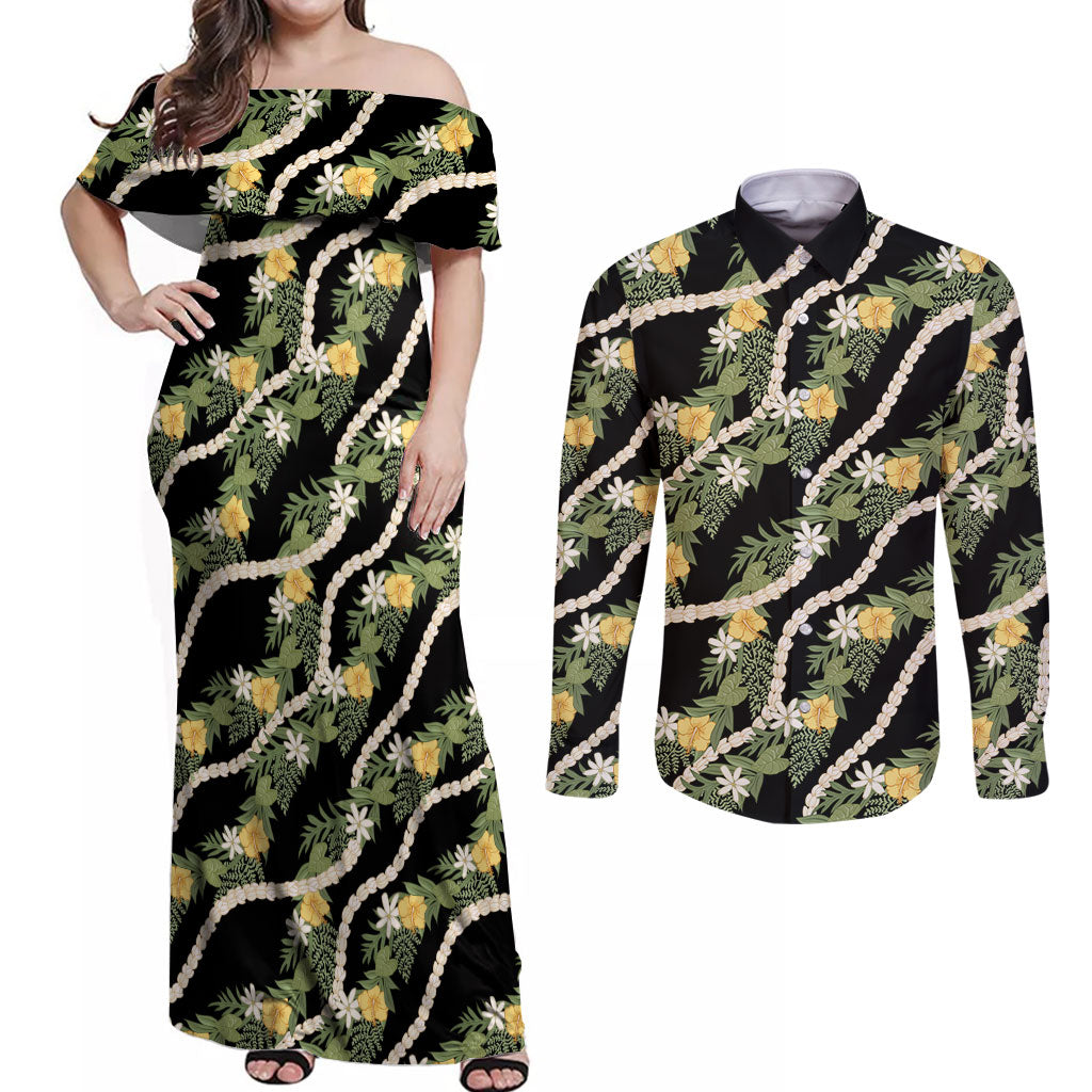 Hawaiian Pikake Maile Lei Couples Matching Off Shoulder Maxi Dress and Long Sleeve Button Shirt Tiare Hibiscus Kalo Palapalai Leaf Black LT19 Black - Polynesian Pride