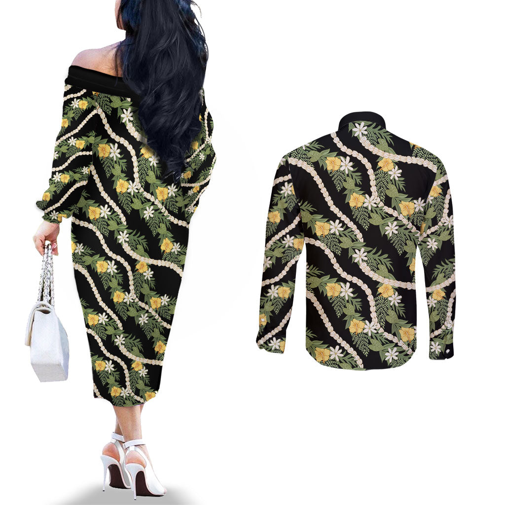 Hawaiian Pikake Maile Lei Couples Matching Off The Shoulder Long Sleeve Dress and Long Sleeve Button Shirt Tiare Hibiscus Kalo Palapalai Leaf Black LT19 - Polynesian Pride