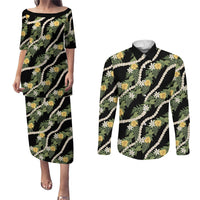 Hawaiian Pikake Maile Lei Couples Matching Puletasi and Long Sleeve Button Shirt Tiare Hibiscus Kalo Palapalai Leaf Black LT19 Black - Polynesian Pride