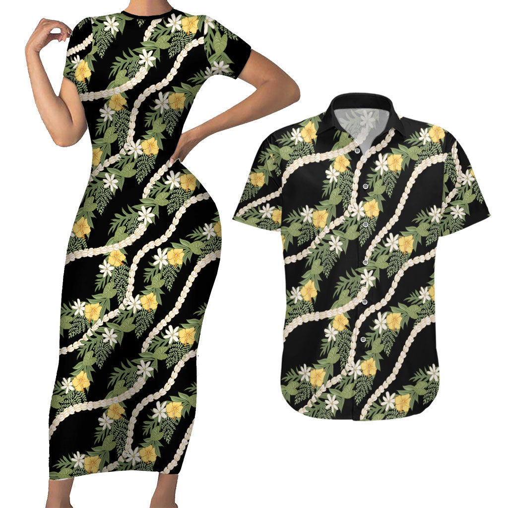 Hawaiian Pikake Maile Lei Couples Matching Short Sleeve Bodycon Dress and Hawaiian Shirt Tiare Hibiscus Kalo Palapalai Leaf Black LT19 Black - Polynesian Pride
