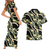 Hawaiian Pikake Maile Lei Couples Matching Short Sleeve Bodycon Dress and Hawaiian Shirt Tiare Hibiscus Kalo Palapalai Leaf Black LT19 - Polynesian Pride