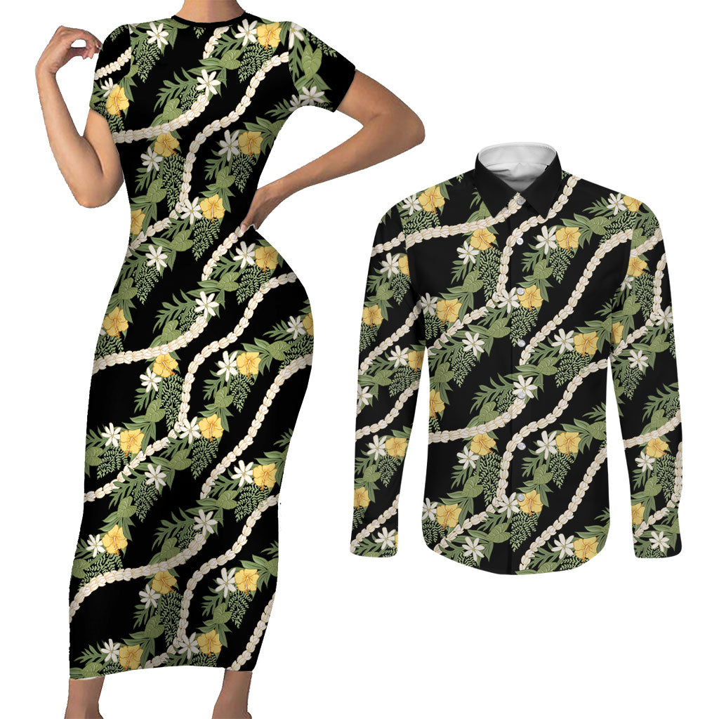 Hawaiian Pikake Maile Lei Couples Matching Short Sleeve Bodycon Dress and Long Sleeve Button Shirt Tiare Hibiscus Kalo Palapalai Leaf Black