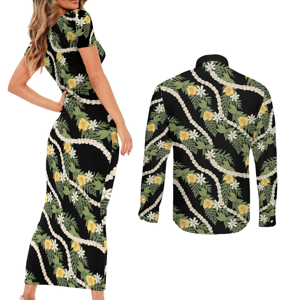 Hawaiian Pikake Maile Lei Couples Matching Short Sleeve Bodycon Dress and Long Sleeve Button Shirt Tiare Hibiscus Kalo Palapalai Leaf Black LT19 - Polynesian Pride
