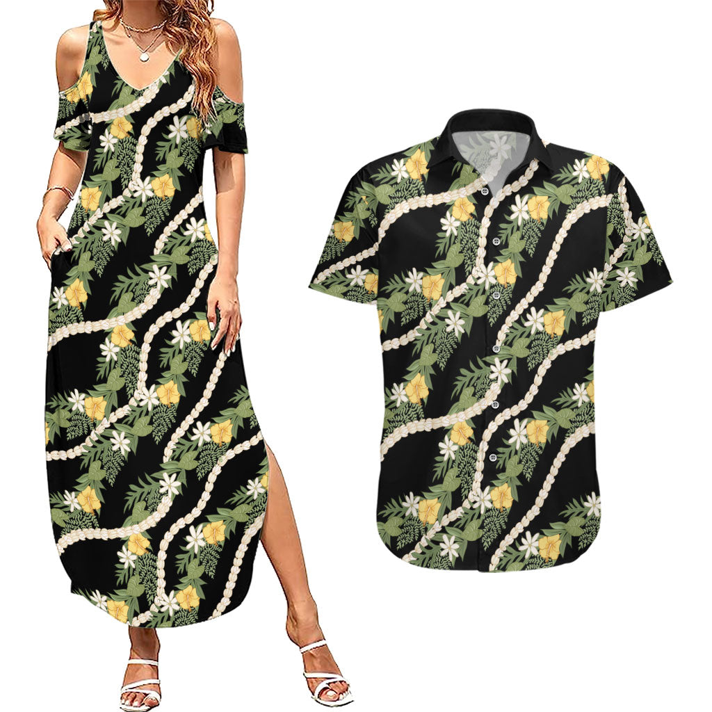Hawaiian Pikake Maile Lei Couples Matching Summer Maxi Dress and Hawaiian Shirt Tiare Hibiscus Kalo Palapalai Leaf Black