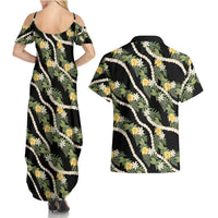 Hawaiian Pikake Maile Lei Couples Matching Summer Maxi Dress and Hawaiian Shirt Tiare Hibiscus Kalo Palapalai Leaf Black LT19 - Polynesian Pride