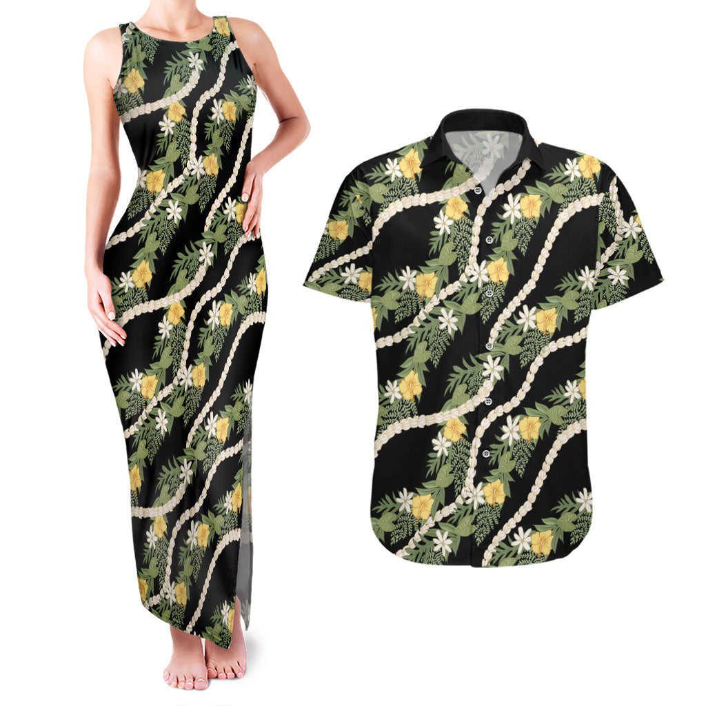 Hawaiian Pikake Maile Lei Couples Matching Tank Maxi Dress and Hawaiian Shirt Tiare Hibiscus Kalo Palapalai Leaf Black LT19 Black - Polynesian Pride