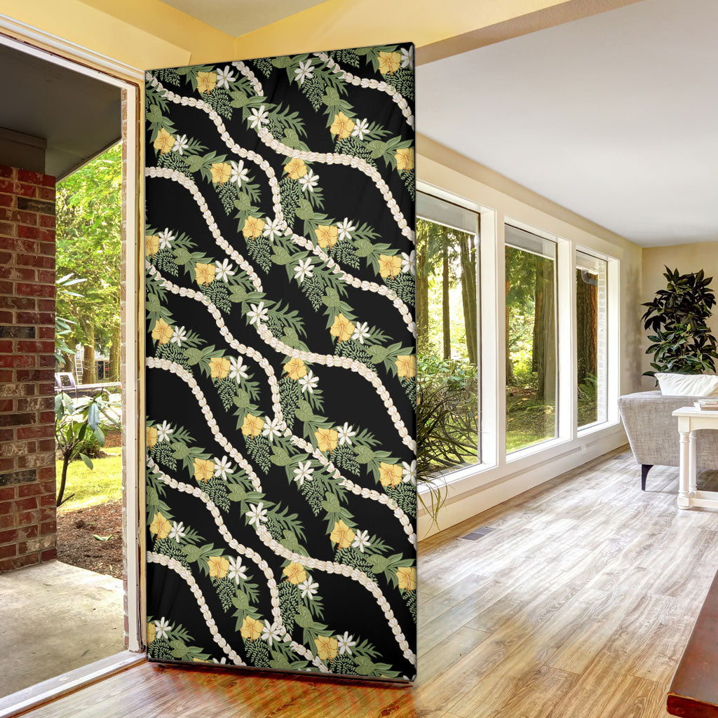 Hawaiian Pikake Maile Lei Door Cover Tiare Hibiscus Kalo Palapalai Leaf Black LT19 - Polynesian Pride