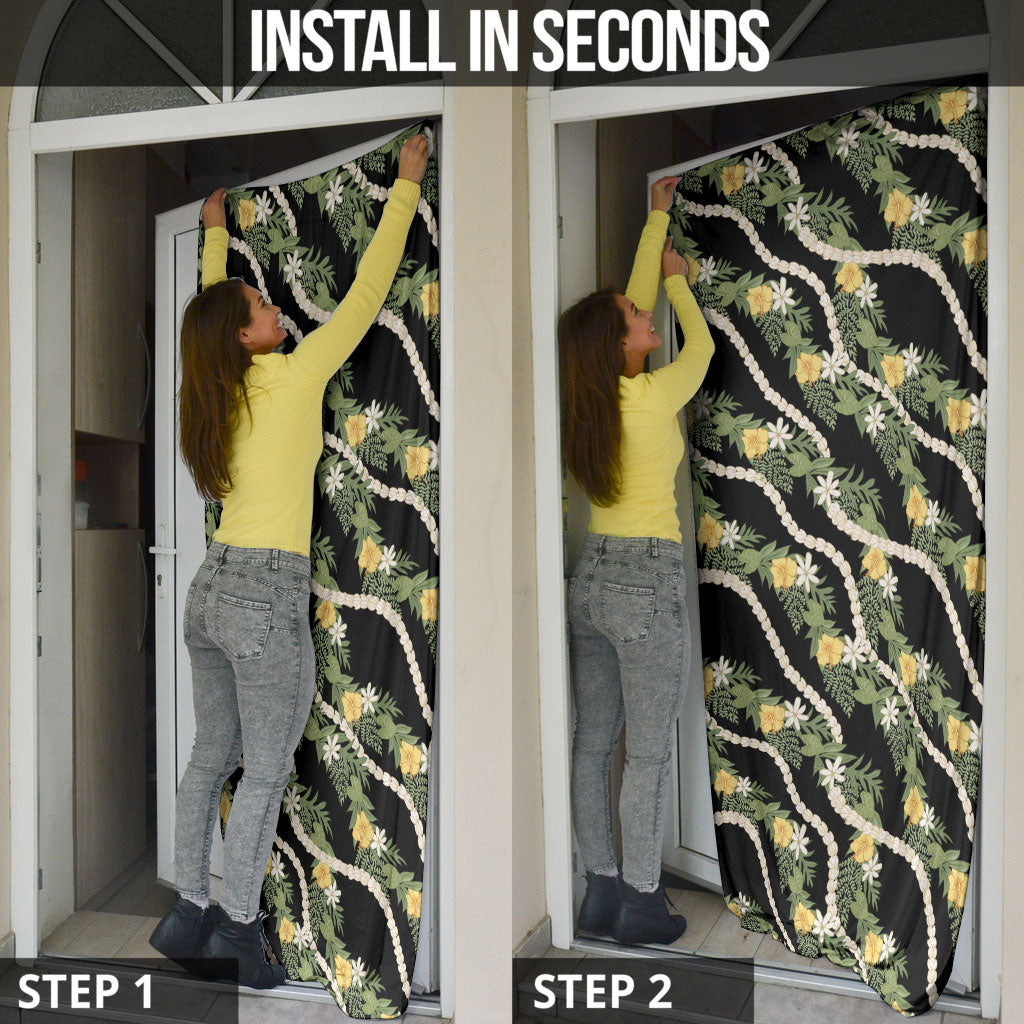 Hawaiian Pikake Maile Lei Door Cover Tiare Hibiscus Kalo Palapalai Leaf Black LT19 - Polynesian Pride