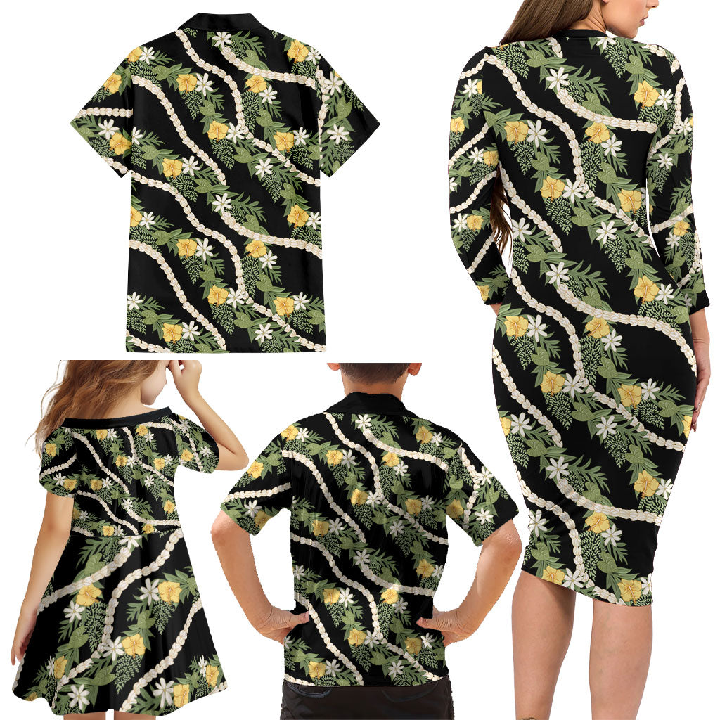 Hawaiian Pikake Maile Lei Family Matching Long Sleeve Bodycon Dress and Hawaiian Shirt Tiare Hibiscus Kalo Palapalai Leaf Black LT19 - Polynesian Pride