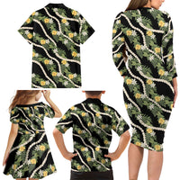 Hawaiian Pikake Maile Lei Family Matching Long Sleeve Bodycon Dress and Hawaiian Shirt Tiare Hibiscus Kalo Palapalai Leaf Black LT19 - Polynesian Pride