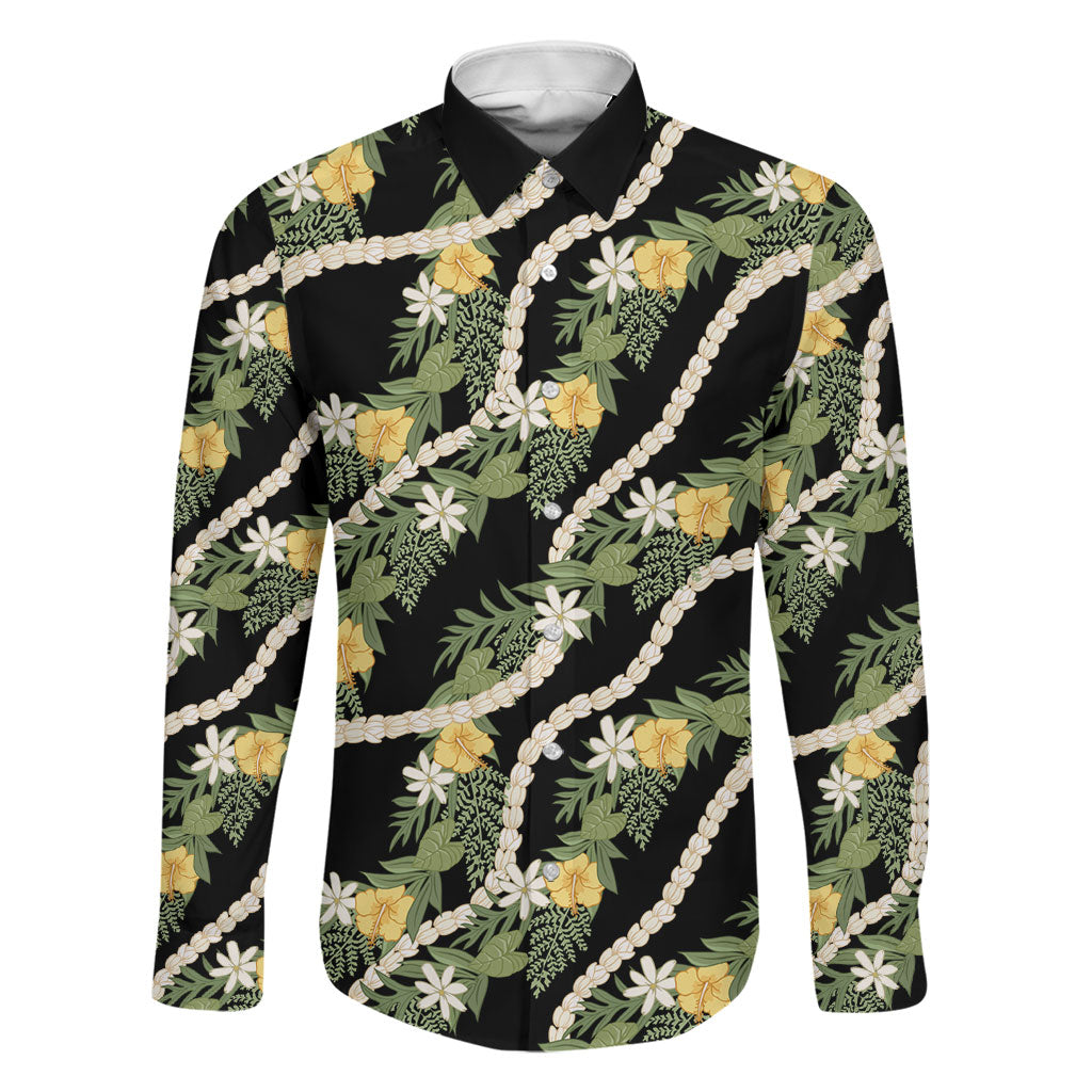 Hawaiian Pikake Maile Lei Family Matching Long Sleeve Bodycon Dress and Hawaiian Shirt Tiare Hibiscus Kalo Palapalai Leaf Black LT19 Dad's Shirt - Long Sleeve Black - Polynesian Pride