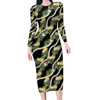 Hawaiian Pikake Maile Lei Family Matching Long Sleeve Bodycon Dress and Hawaiian Shirt Tiare Hibiscus Kalo Palapalai Leaf Black LT19 Mom's Dress Black - Polynesian Pride