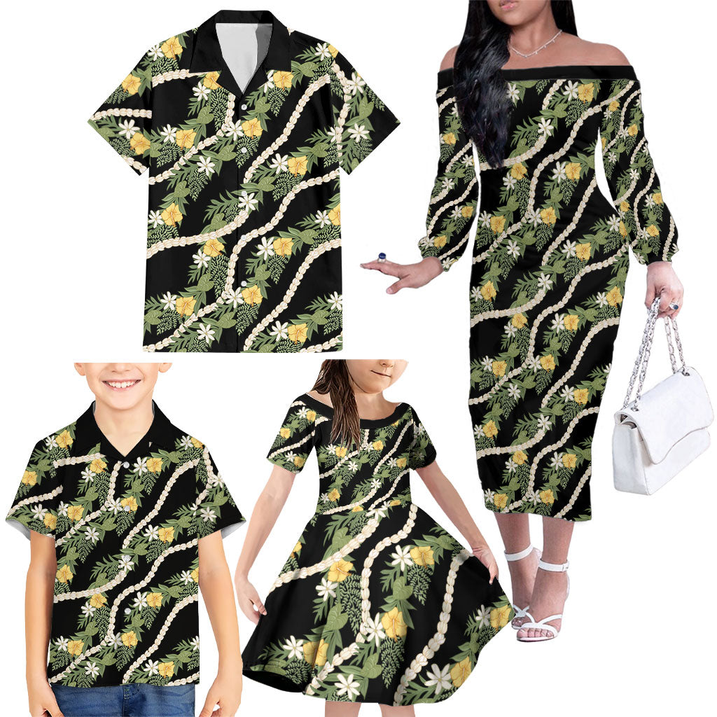 Hawaiian Pikake Maile Lei Family Matching Off The Shoulder Long Sleeve Dress and Hawaiian Shirt Tiare Hibiscus Kalo Palapalai Leaf Black LT19 - Polynesian Pride