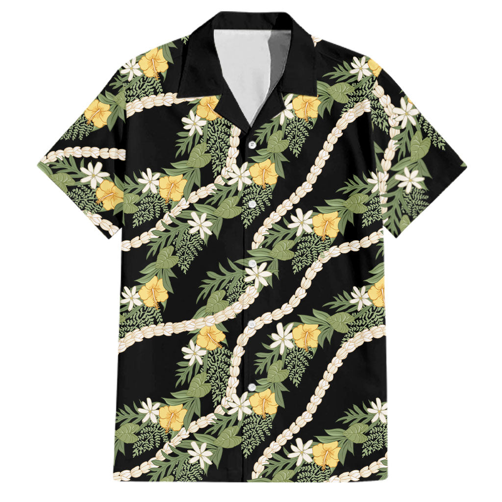 Hawaiian Pikake Maile Lei Family Matching Off The Shoulder Long Sleeve Dress and Hawaiian Shirt Tiare Hibiscus Kalo Palapalai Leaf Black LT19 Dad's Shirt - Short Sleeve Black - Polynesian Pride
