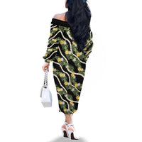 Hawaiian Pikake Maile Lei Family Matching Off The Shoulder Long Sleeve Dress and Hawaiian Shirt Tiare Hibiscus Kalo Palapalai Leaf Black LT19 - Polynesian Pride