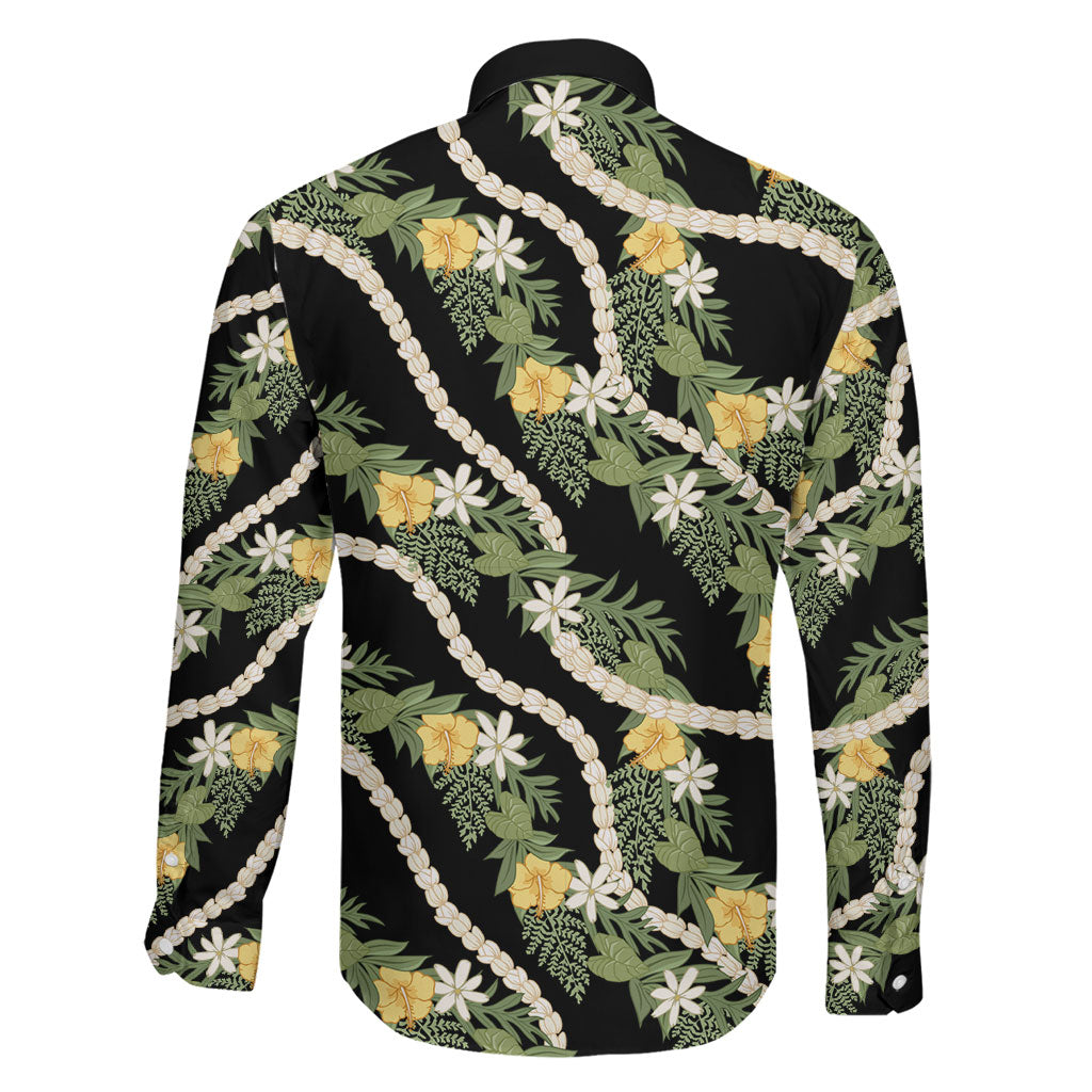 Hawaiian Pikake Maile Lei Family Matching Off Shoulder Maxi Dress and Hawaiian Shirt Tiare Hibiscus Kalo Palapalai Leaf Black LT19 - Polynesian Pride