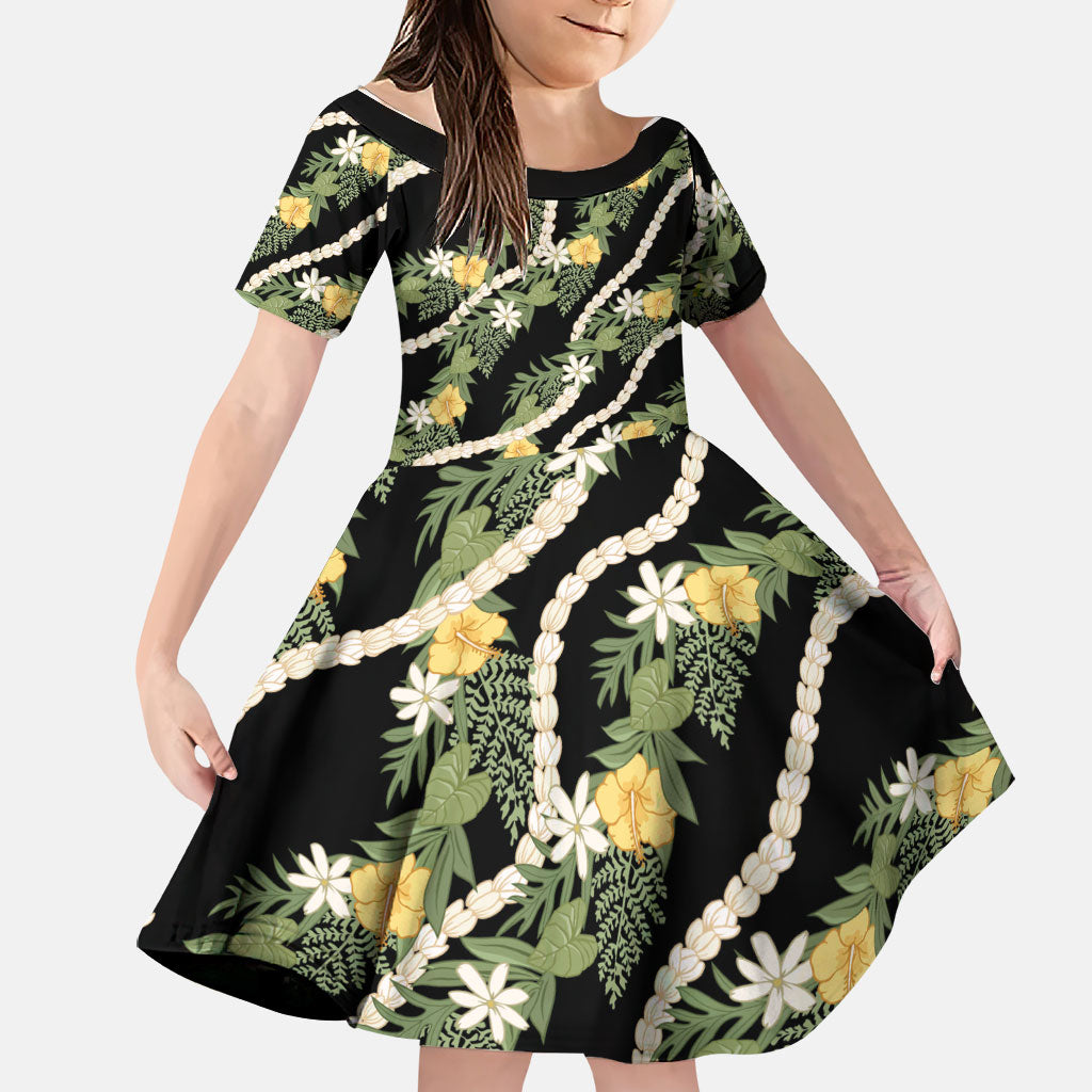Hawaiian Pikake Maile Lei Family Matching Off Shoulder Short Dress and Hawaiian Shirt Tiare Hibiscus Kalo Palapalai Leaf Black LT19 Daughter's Dress Black - Polynesian Pride