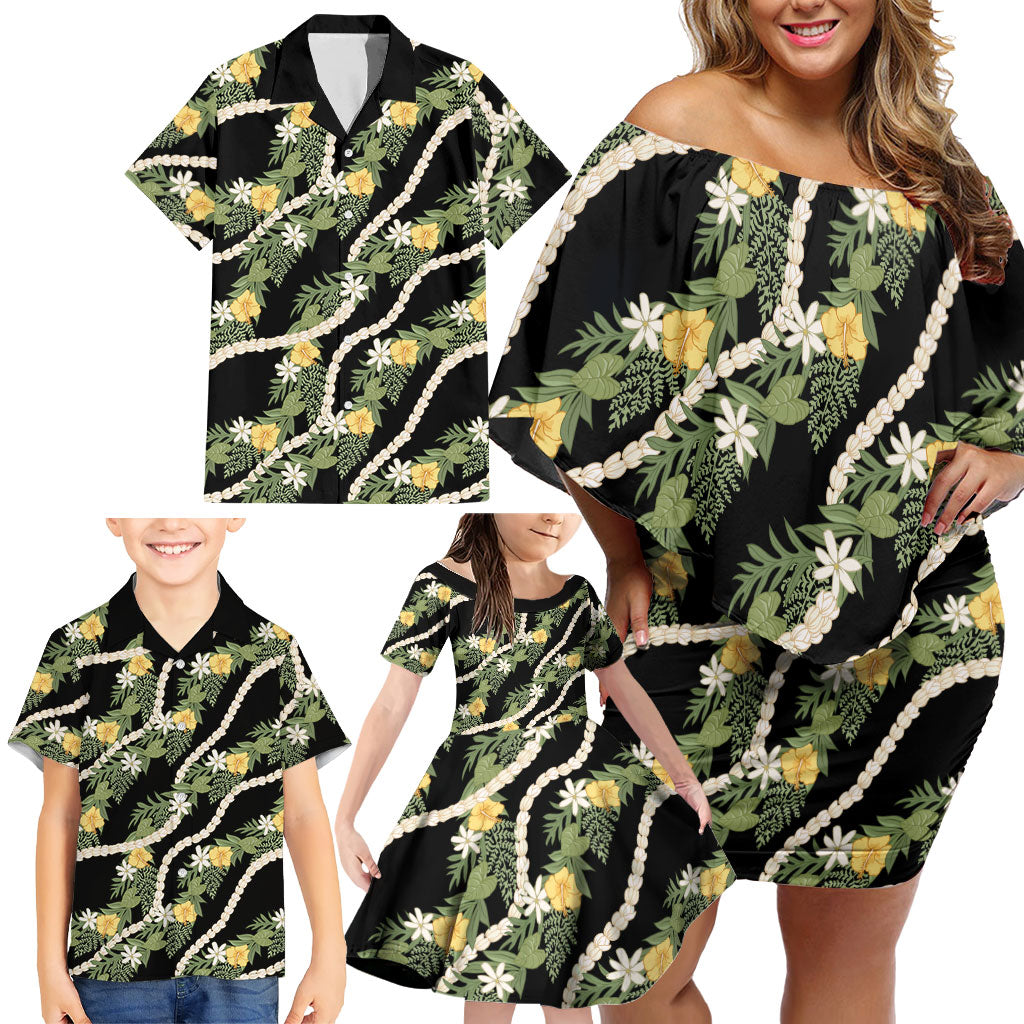Hawaiian Pikake Maile Lei Family Matching Off Shoulder Short Dress and Hawaiian Shirt Tiare Hibiscus Kalo Palapalai Leaf Black